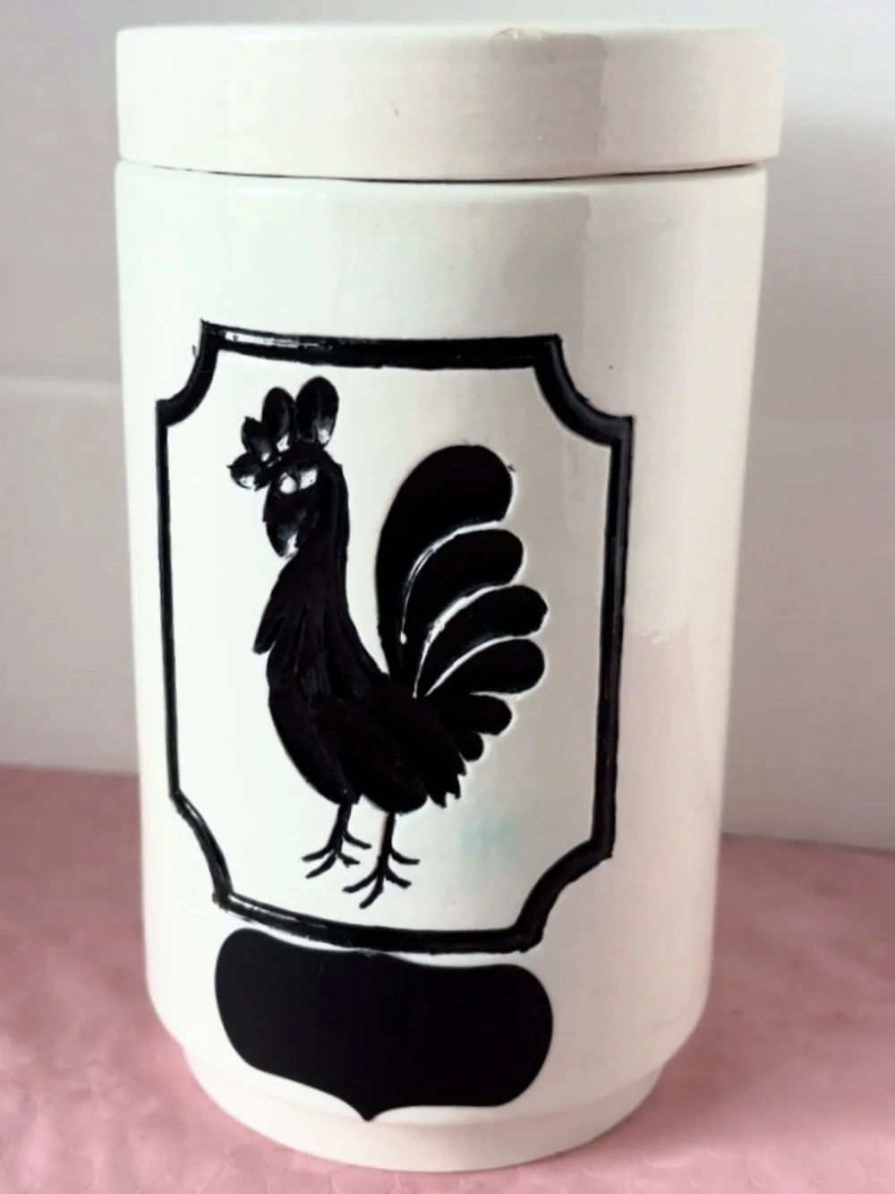 Vintage White and Black Ceramic Rooster Kitchen Canister Jar with Lid READ